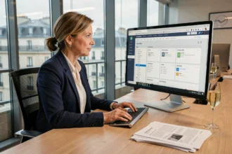 Professionnelle de l'industrie du champagne accédant à l'extranet pro du CIVC sur son ordinateur de bureau en open space