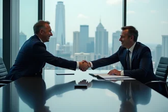 Deux hommes d'affaires signant un accord de sponsoring en anglais dans une salle de conférence moderne
