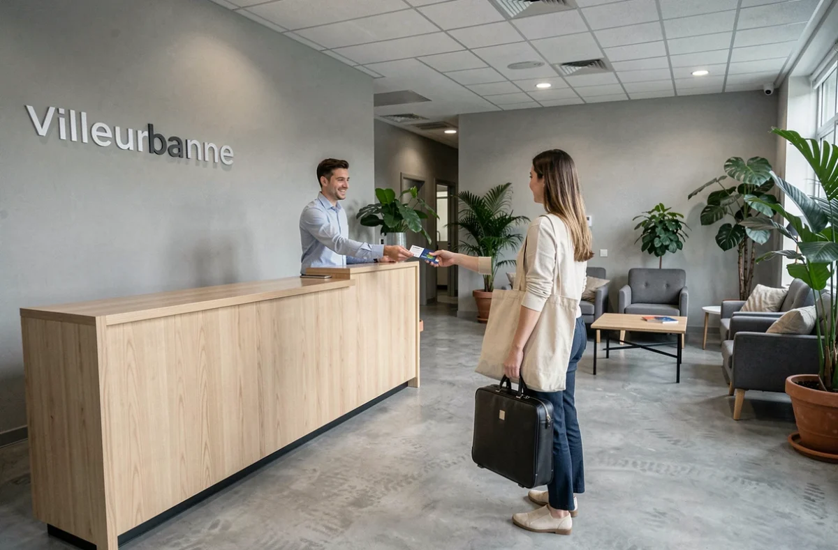 Accueil d'un nouvel adhérent dans le lobby d'un espace de coworking à Villeurbanne, avec réceptionniste au bureau d'entrée