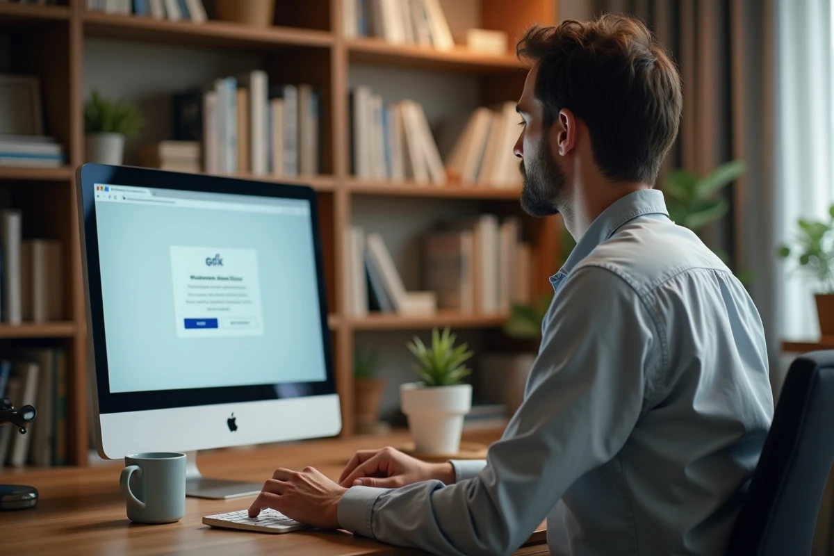 Employé en télétravail activant son compte HR4YOU sur ordinateur de bureau depuis son domicile