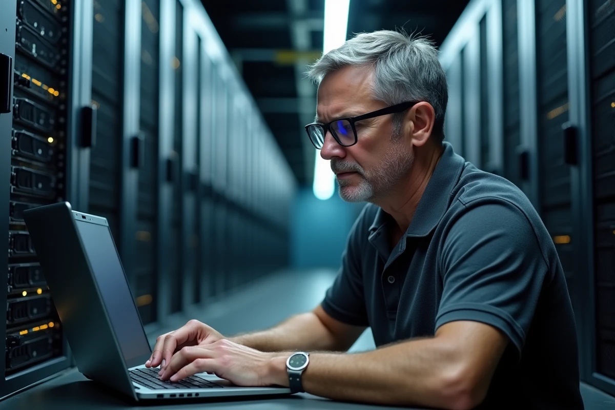 Administrateur informatique examinant des journaux d'accès sécurisé sur un ordinateur portable avec token de sécurité physique dans une salle serveurs d'entreprise