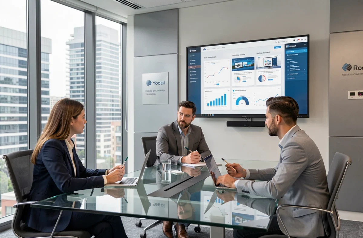 Équipe de consultants de 3SC Global Services en réunion stratégique autour de tableaux de bord numériques et de maquettes web multilingues