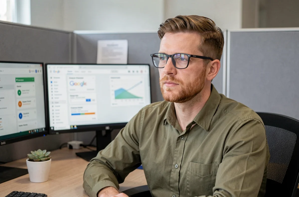 Spécialiste Google Ads de l'agence Adgensii configurant des segments d'audience sur ses écrans de travail