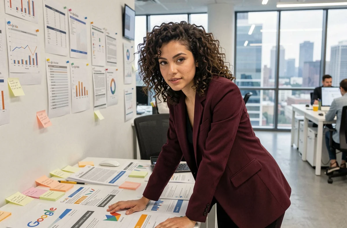 Gestionnaire de campagnes de l'agence Adstriver analysant des données Google Ads dans un bureau dynamique