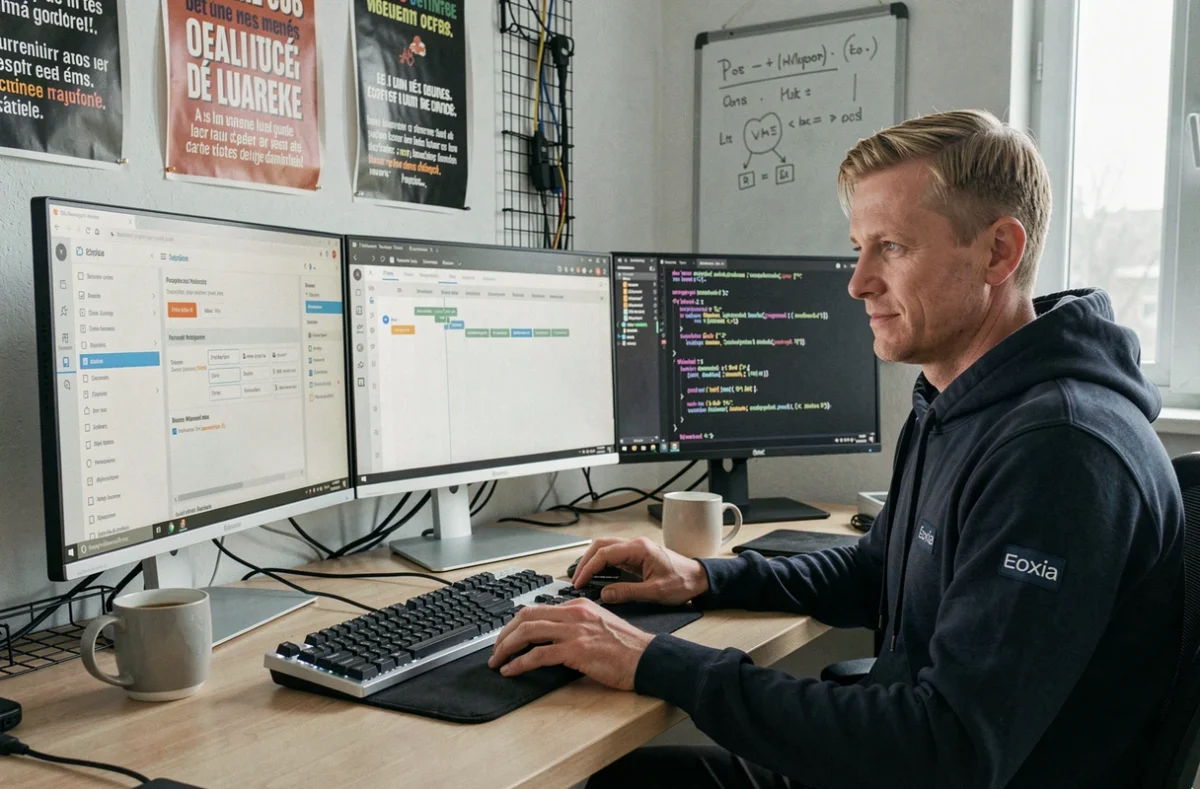 Développeur de l'agence Eoxia travaillant sur un logiciel ERP open-source avec un poste de travail à trois écrans