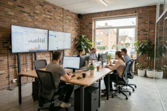 Vue d'ensemble d'une agence digitale moderne en Seine-et-Marne avec des professionnels travaillant sur des campagnes Google Ads