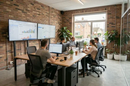 Vue d'ensemble d'une agence digitale moderne en Seine-et-Marne avec des professionnels travaillant sur des campagnes Google Ads