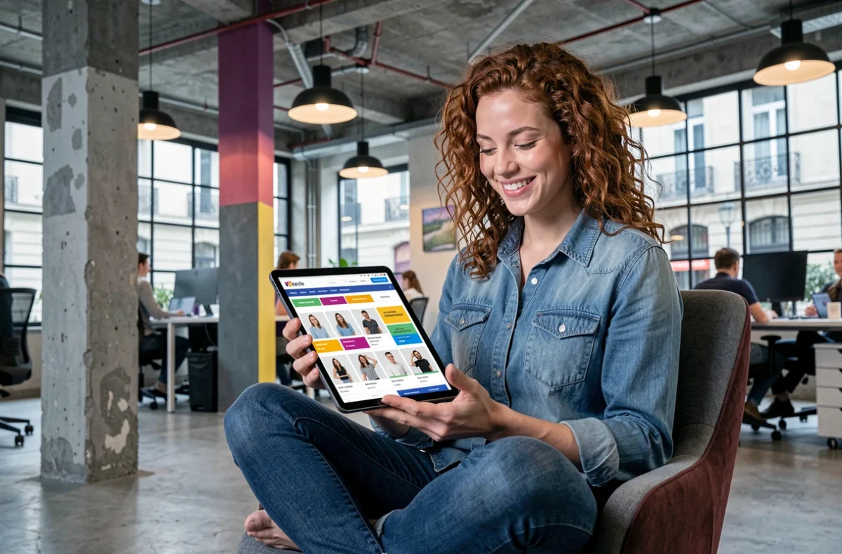 Designer de l'agence Keole révisant une interface e-commerce sur tablette dans un espace de travail moderne