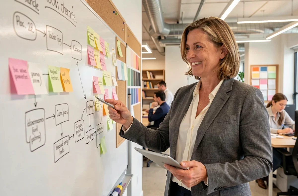 Directrice créative de l'agence LK Interactive présentant une architecture UX sur un tableau blanc dans un open space moderne