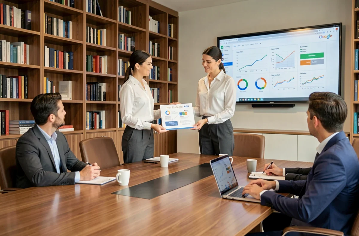Consultante de Net Stratégie présentant une stratégie Google Ads à des clients dans une salle de conférence professionnelle