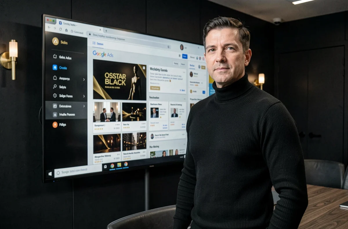Consultant de l'agence Oscar Black présentant une campagne Google Ads dans une salle de réunion haut de gamme