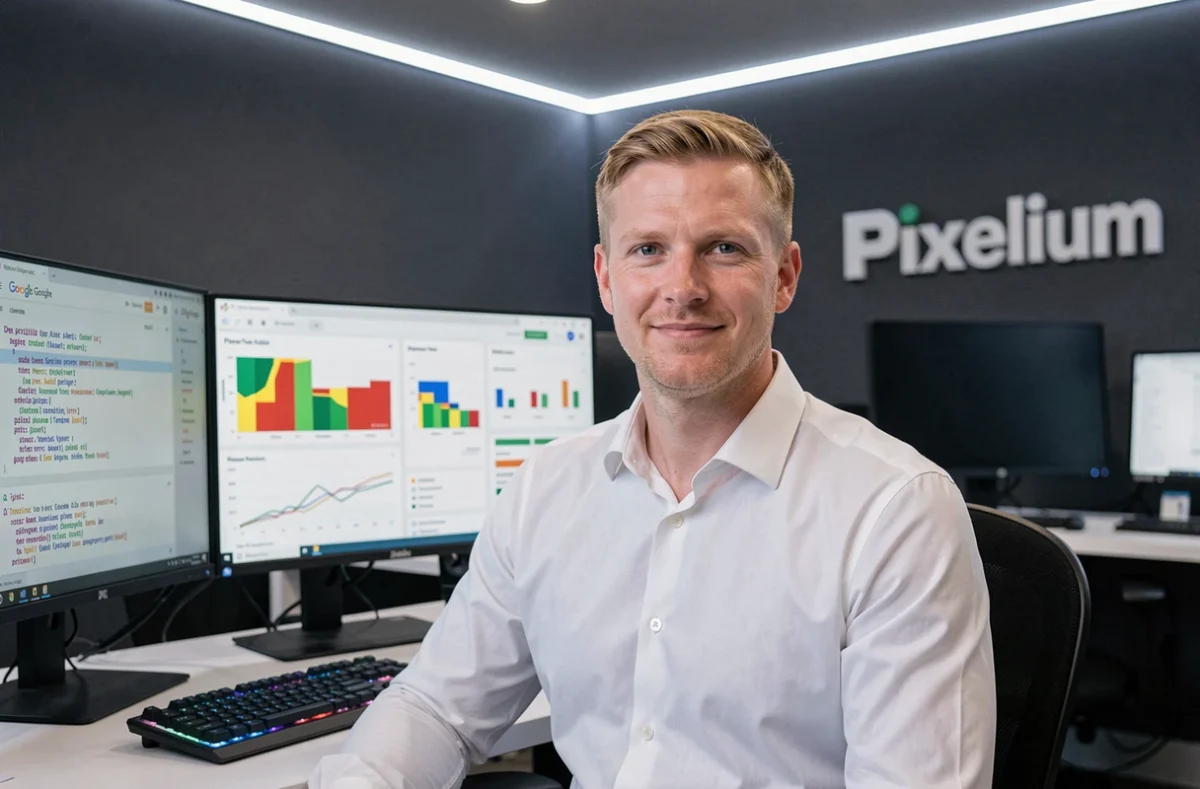 Développeur de l'agence Pixelium configurant un suivi de conversions Google Ads sur un poste multi-écrans