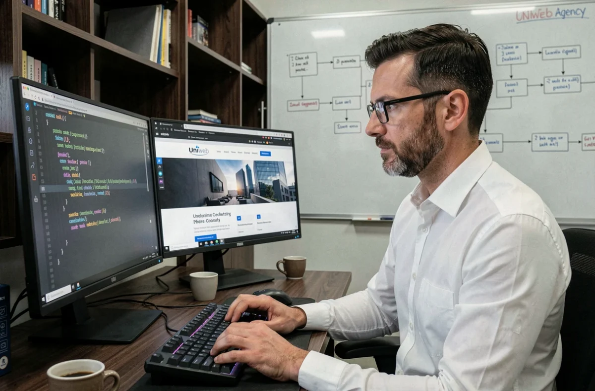 Développeur web de l'agence Uniweb travaillant sur du code PHP devant un double écran avec un site corporate finalisé