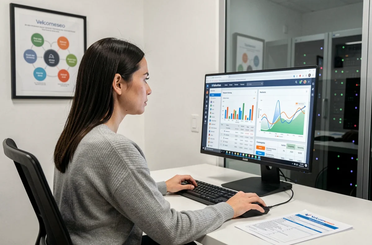 Spécialiste SEO de l'agence Velcomeseo analysant des tableaux de bord de positionnement sur moteurs de recherche