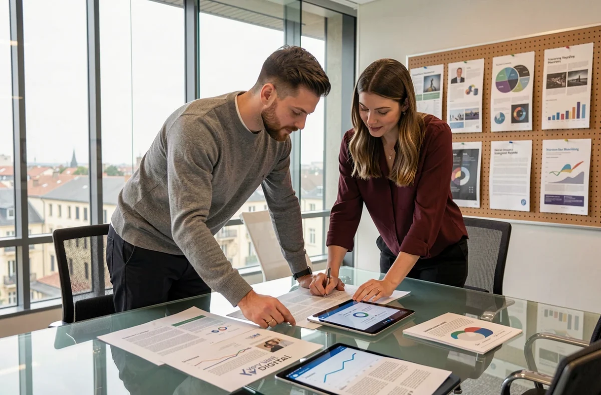 Deux consultants de l'agence Very Well Digital analysant des rapports de marketing numérique en salle de réunion