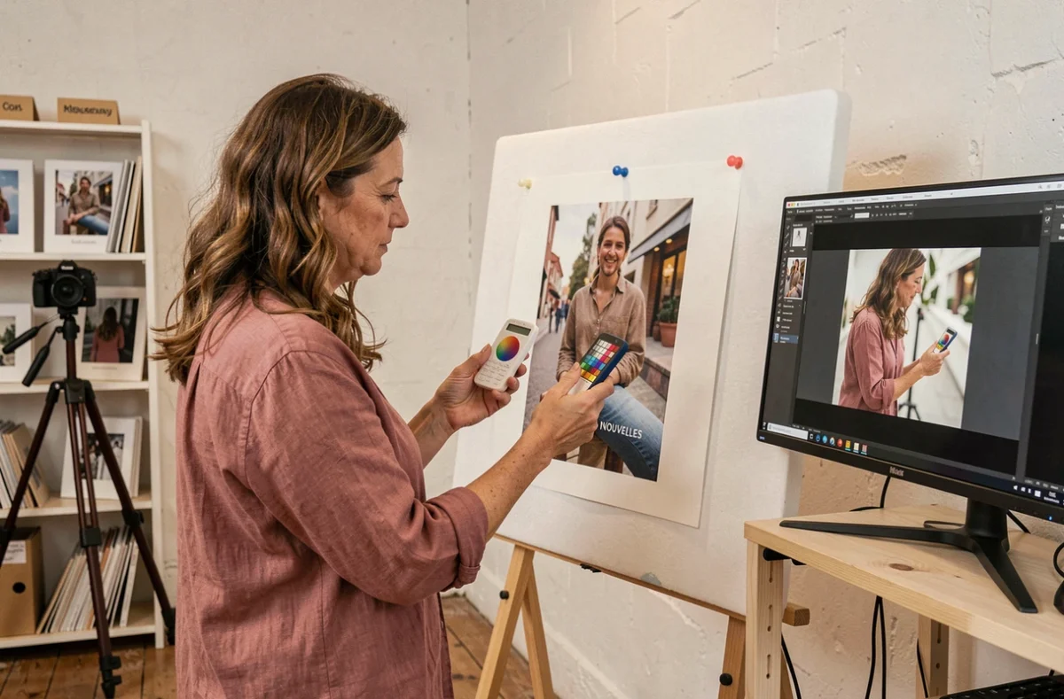Directrice artistique de l'agence Visions Nouvelles effectuant un étalonnage couleur entre tirage print et moniteur calibré
