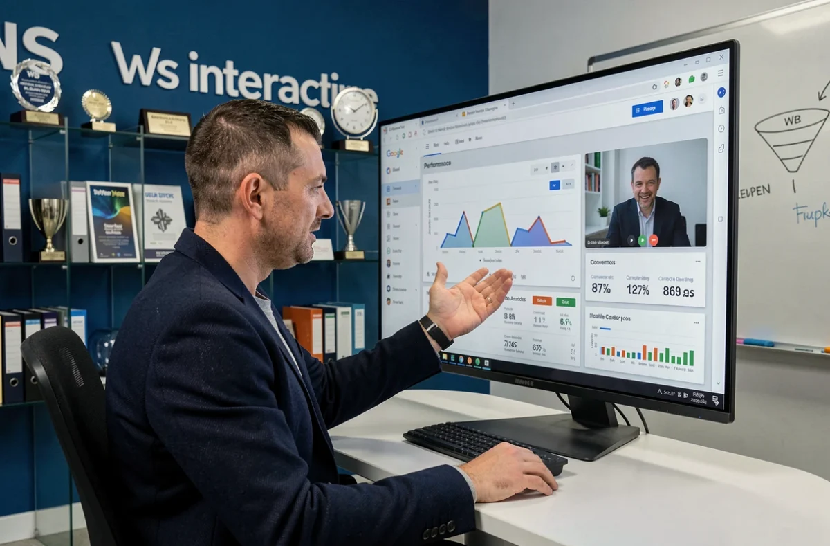 Consultant en performance digitale de l'agence WS Interactive analysant un tableau de bord Google Ads avec des métriques de ROI