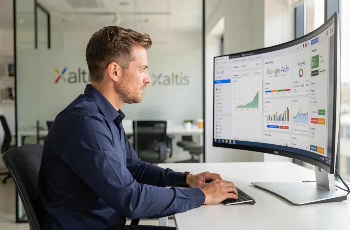 Stratège digital de l'agence Xaltis analysant des résultats de campagne Google Ads dans un bureau moderne