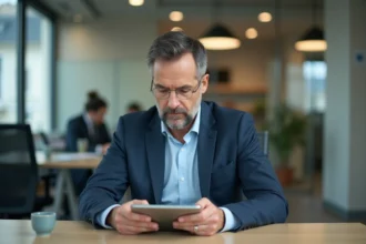 Homme d'age moyen en tenue casual assis à un bureau parisien