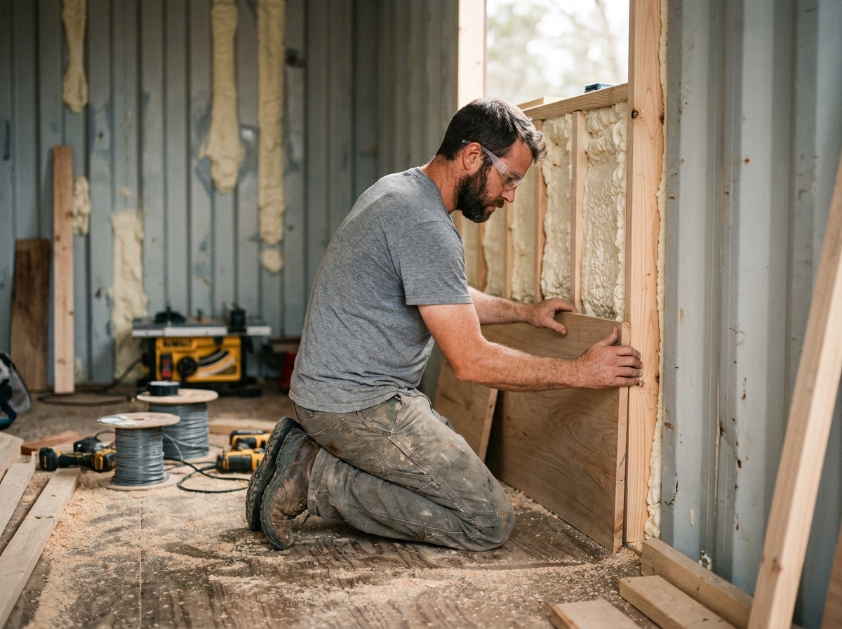 Intérieur d'un conteneur en cours d'aménagement avec isolation et ossature bois pour une tiny house économique