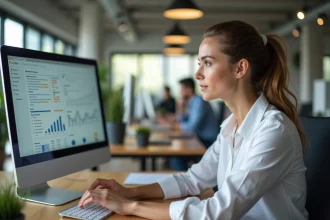 Professionnelle du marketing digital analysant des données SEO et des performances de contenu sur un écran d'ordinateur dans un bureau moderne