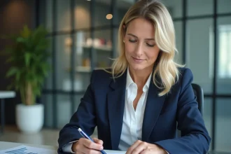 Femme d'affaires analysant des documents financiers pour vérifier la solvabilité d'une entreprise comme Nitrofer
