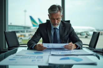 Analyste aviation étudiant des graphiques de commandes Boeing et Airbus dans une salle de conférence avec vue sur un tarmac