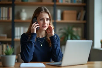 Femme appelant le service client DHL depuis l'étranger avec un smartphone, assise dans un bureau à domicile devant un ordinateur portable