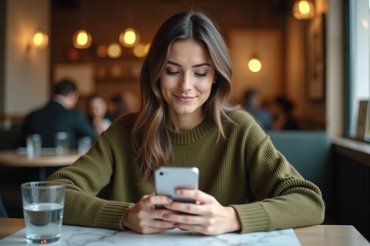 Jeune femme recherchant un bulletin de salaire sur l'application mobile MyPeopleDoc dans un café