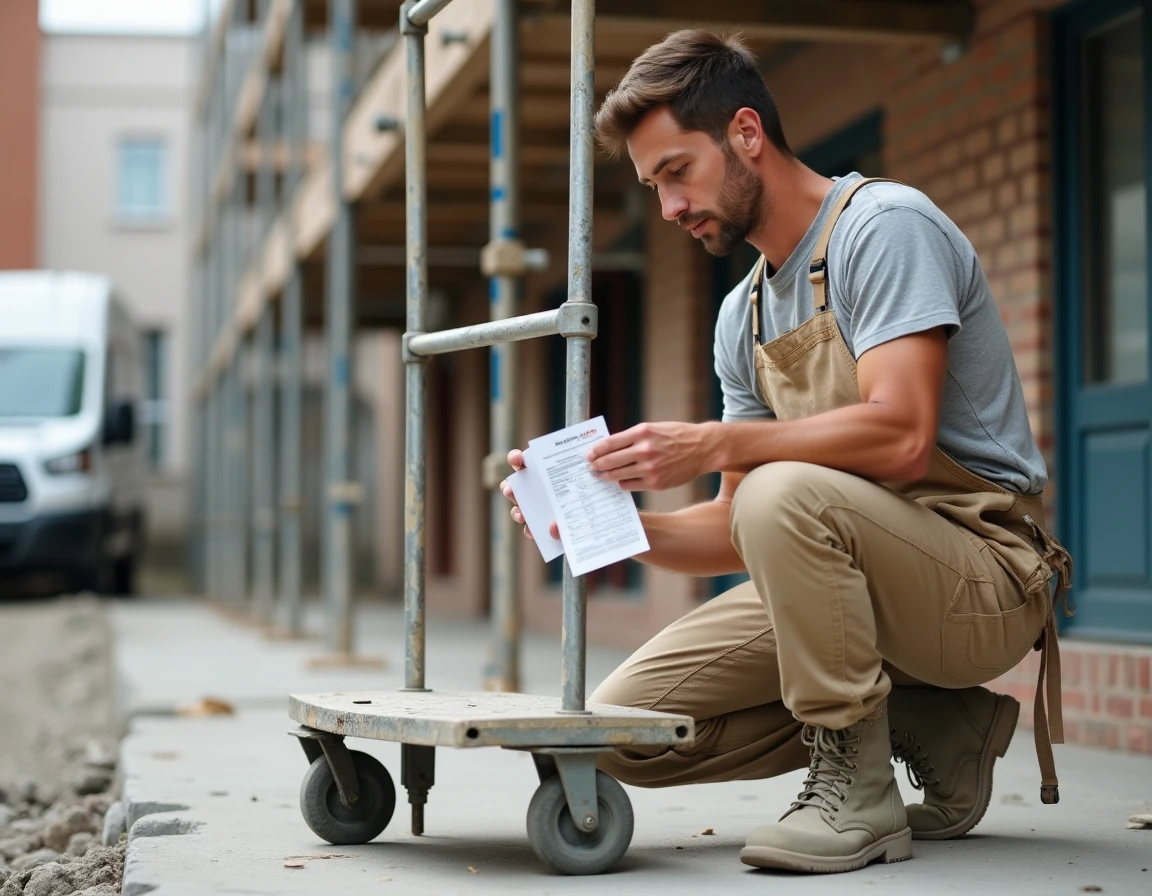 Artisan consultant sa carte Loxam et un bon de location sur un chantier de rénovation extérieur