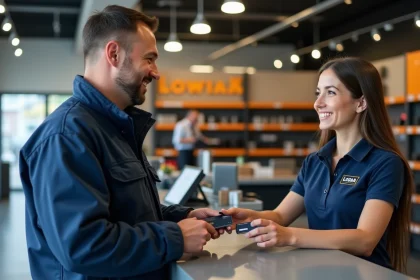Artisan présentant sa carte de visite Loxam à un agent d'accueil dans une agence de location d'équipements professionnels