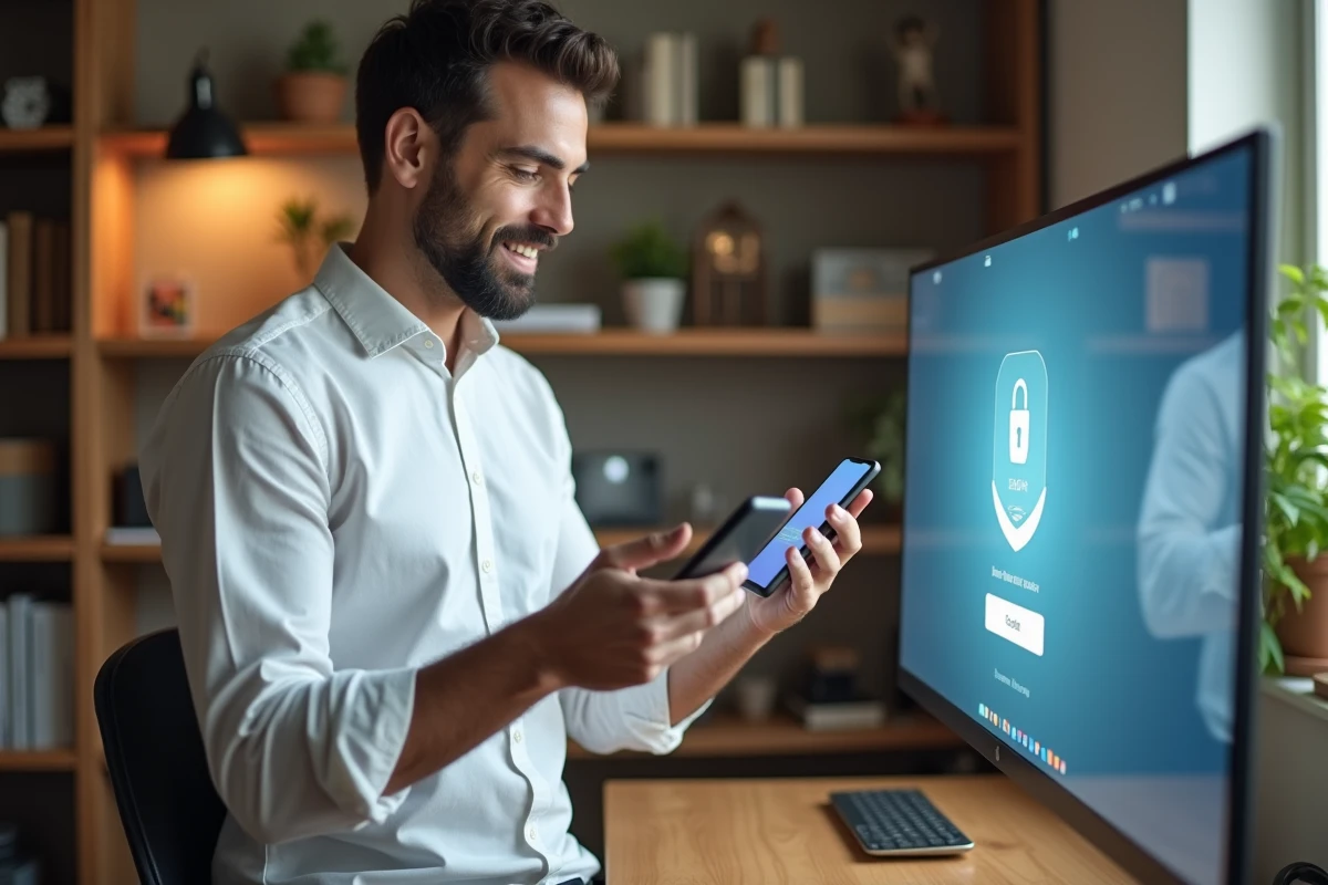 Homme en télétravail utilisant un smartphone avec application OTP pour sécuriser l'accès à un logiciel de gestion RH sur grand écran de bureau à domicile