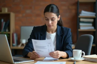 Auto-entrepreneur femme à son bureau examinant des courriers et une facture dans un espace de travail à domicile