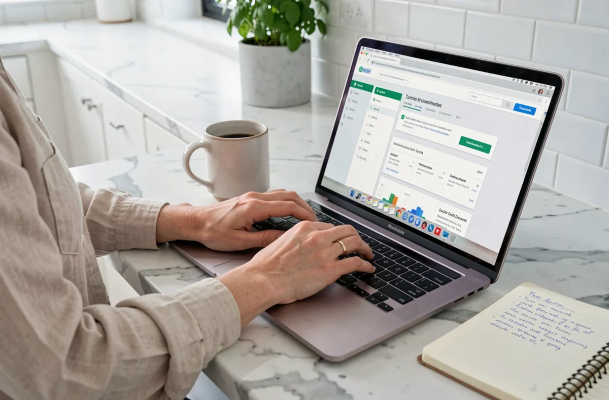 Gros plan sur les mains d'une auto-entrepreneuse saisissant ses déclarations sur le portail en ligne Urssaf depuis sa cuisine