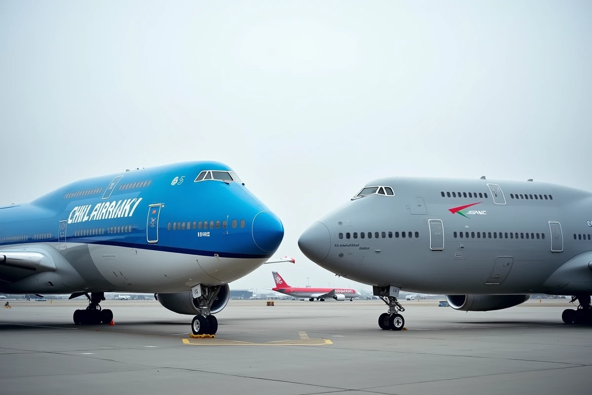Deux avions commerciaux côte à côte sur un tarmac aéroportuaire illustrant la rivalité Boeing et Airbus
