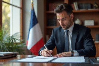Avocat français examinant des documents au bureau