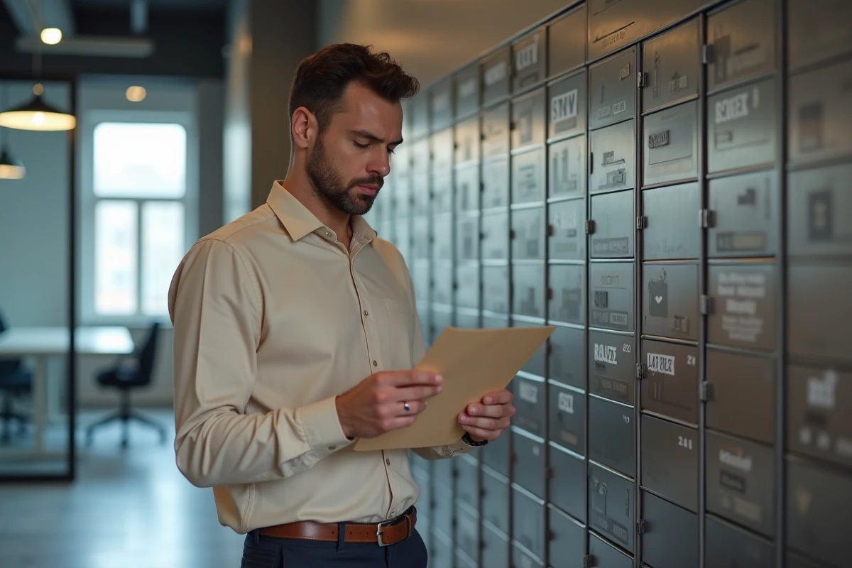 Homme auto-entrepreneur récupérant son courrier dans une boîte postale au sein d'un espace de coworking moderne