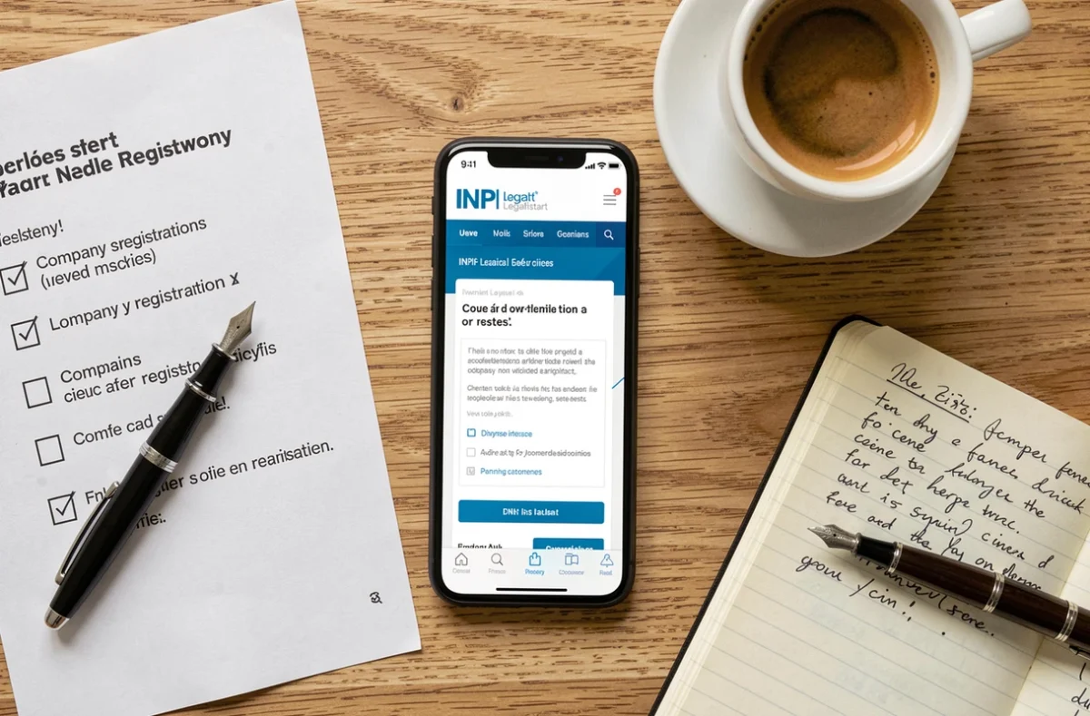 Vue de dessus d'un bureau avec smartphone affichant un site de création de société, checklist et carnet de notes pour immatriculation d'entreprise