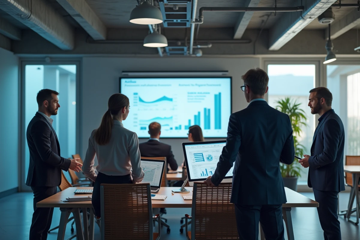 Bureaux modernes d'Airbus avec employés analysant des performances financières et graphiques de rémunération