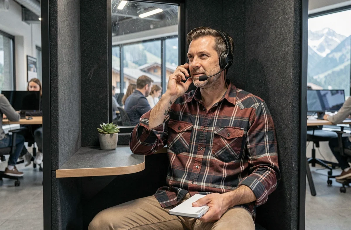 Entrepreneur en réunion téléphonique dans une cabine acoustique d'un coworking à Gap