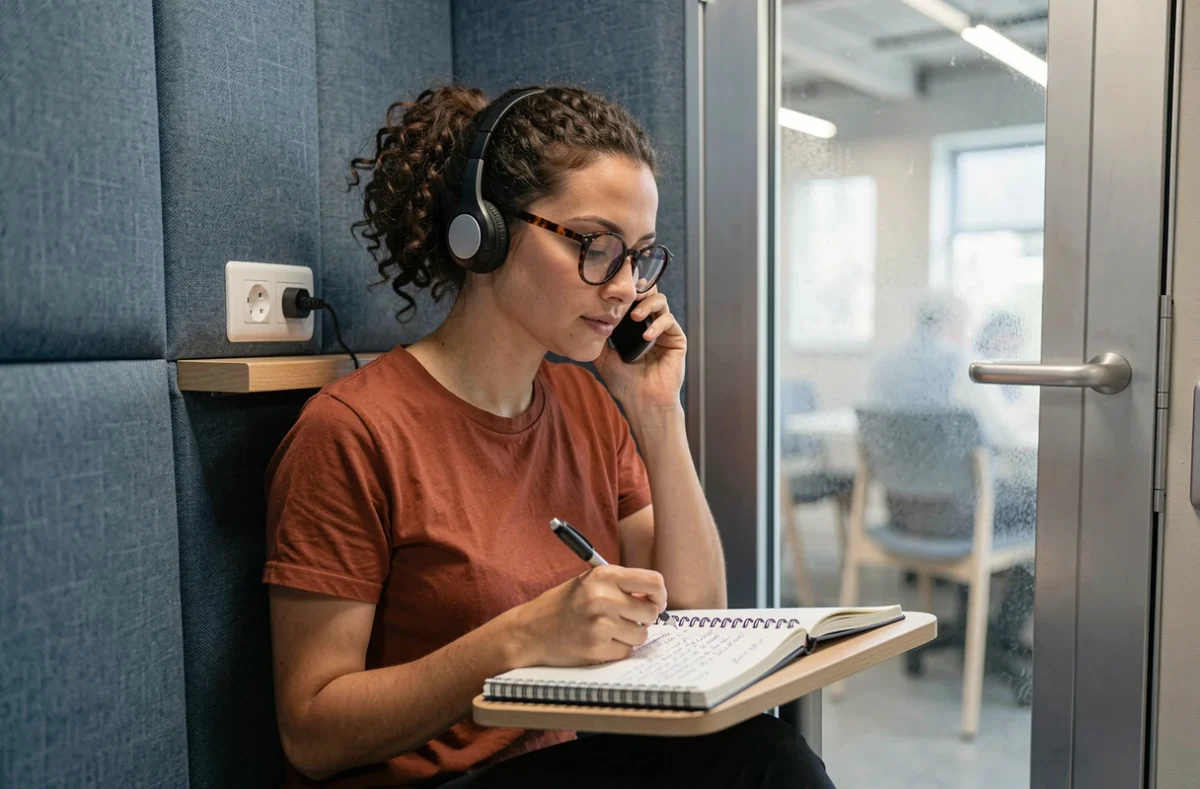 Freelance dans une cabine téléphonique insonorisée d'un espace de coworking à Blois