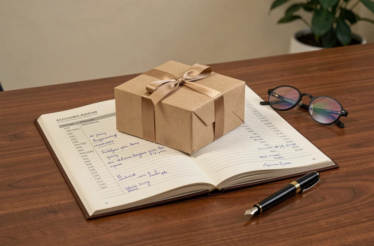 Cadeau d'entreprise emballé posé sur un registre comptable ouvert avec annotations de dépenses salariales