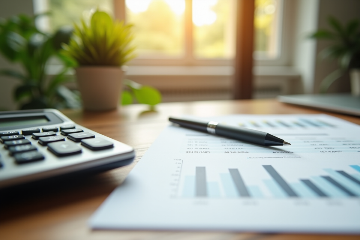 Zoom sur une calculatrice un rapport financier et une plante verte