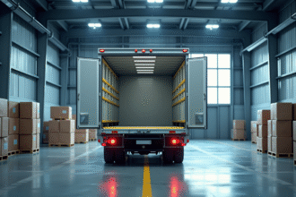 Camion plateforme en zone industrielle lumineuse