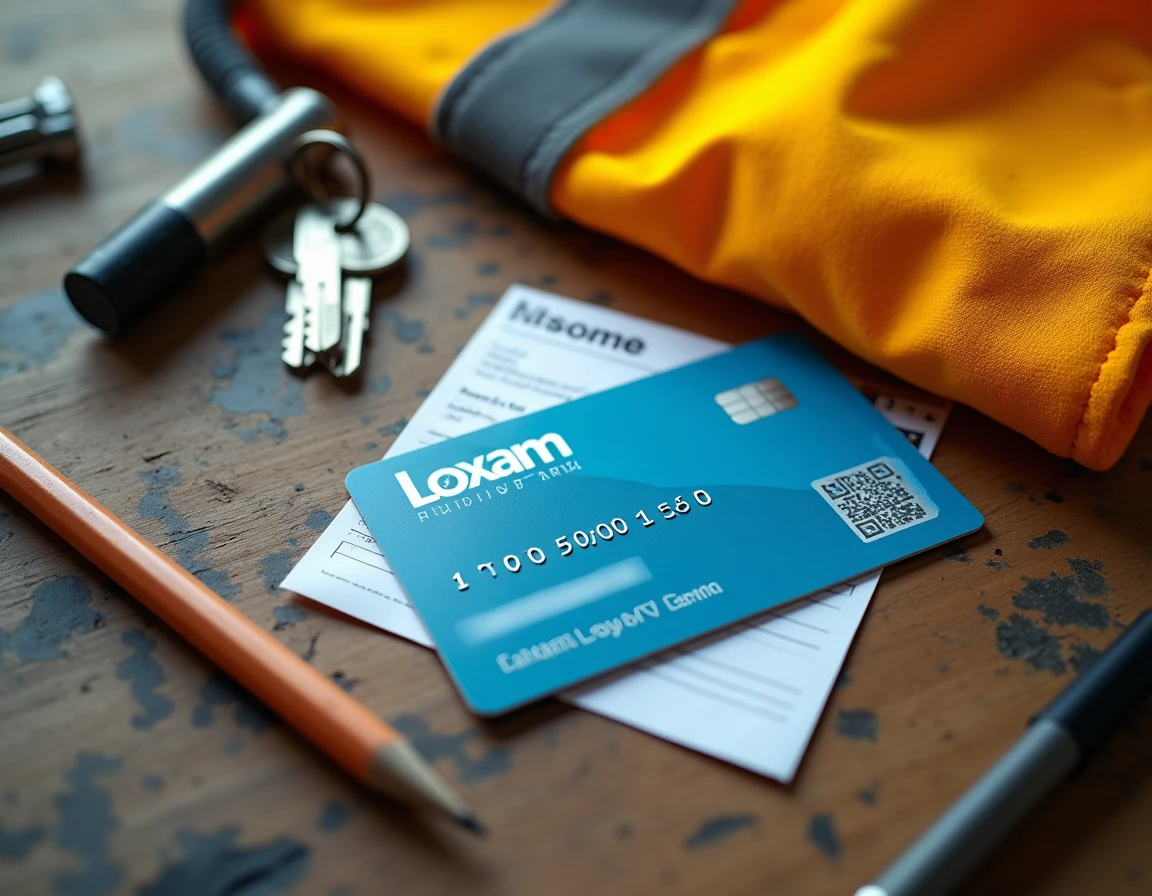 Vue rapprochée d'une carte de fidélité Loxam posée sur un établi d'artisan avec des documents de location et des outils