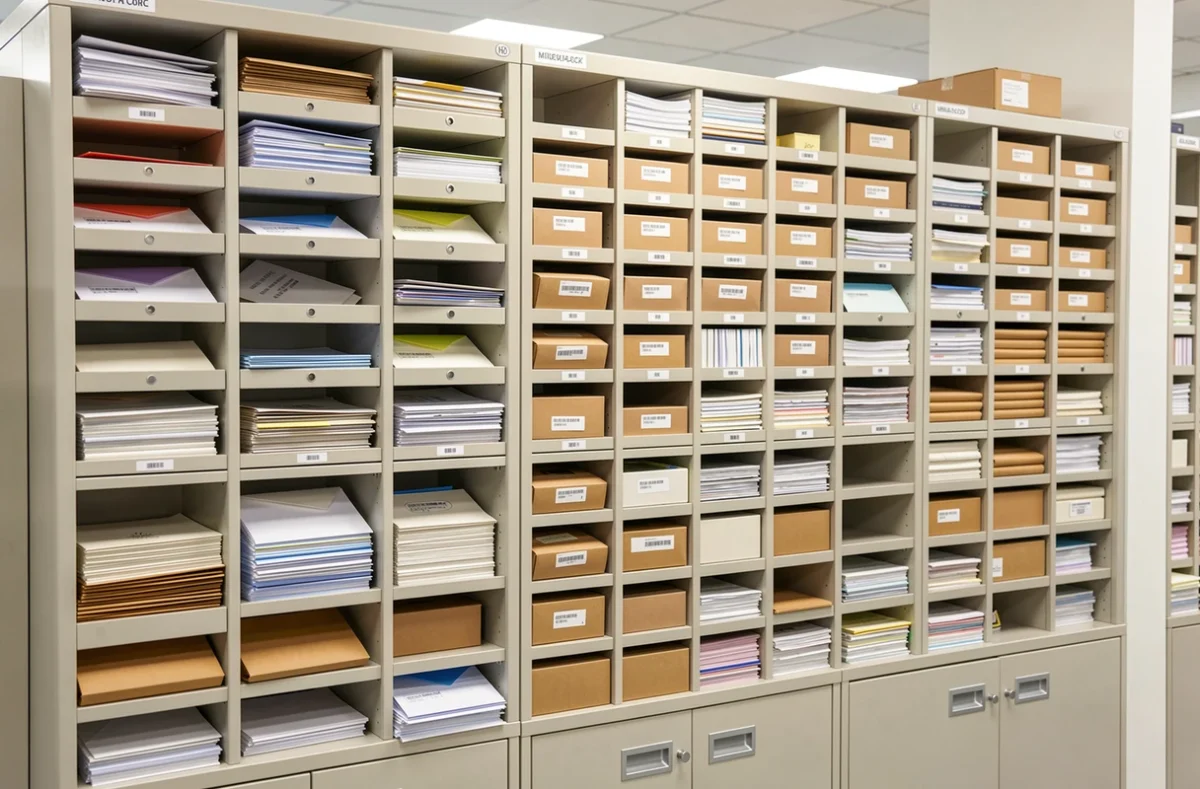 Casiers de tri du courrier dans le local d'une entreprise
