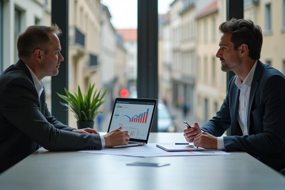 Consultant SEO Cédric Guérin en réunion client à Rennes présentant un rapport de positionnement et une feuille de route SEO
