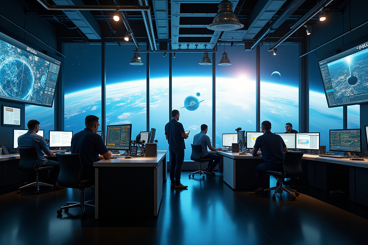 Ingénieurs dans un centre de contrôle SpaceX avec écrans numériques