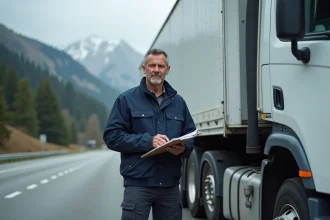 Chauffeur poids lourd suisse debout à côté de son camion semi-remorque blanc sur une aire d'autoroute alpine