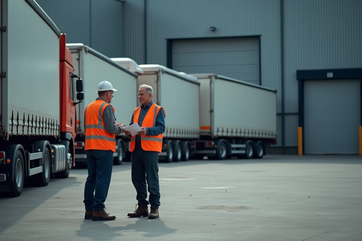 Deux chauffeurs poids lourd discutant de documents devant un centre logistique suisse avec rangée de camions de transport